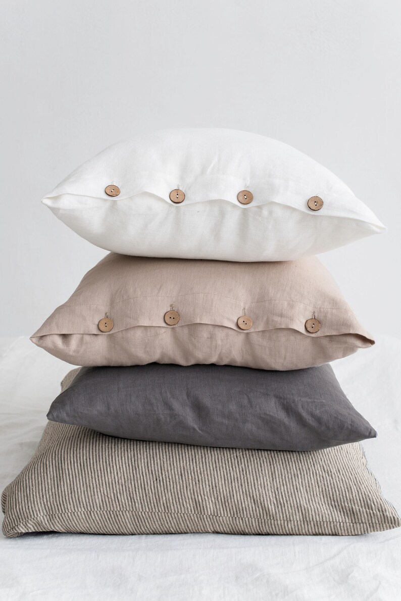 Washed linen pillow cases / Decorative cushion cover / Linen bedding / Linen pillow case with coconut buttons / Linen pillow cases image 4