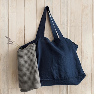 LARGE natural linen tote bag / Linen shopping bag / Large tote bag / Market bag / Beach bag / Linen bag / Bag with pocket inside / Eco bag zdjęcie 2
