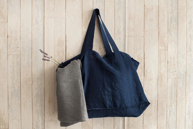 LARGE natural linen tote bag / Linen shopping bag / Large tote bag / Market bag / Beach bag / Linen bag / Bag with pocket inside / Eco bag zdjęcie 2