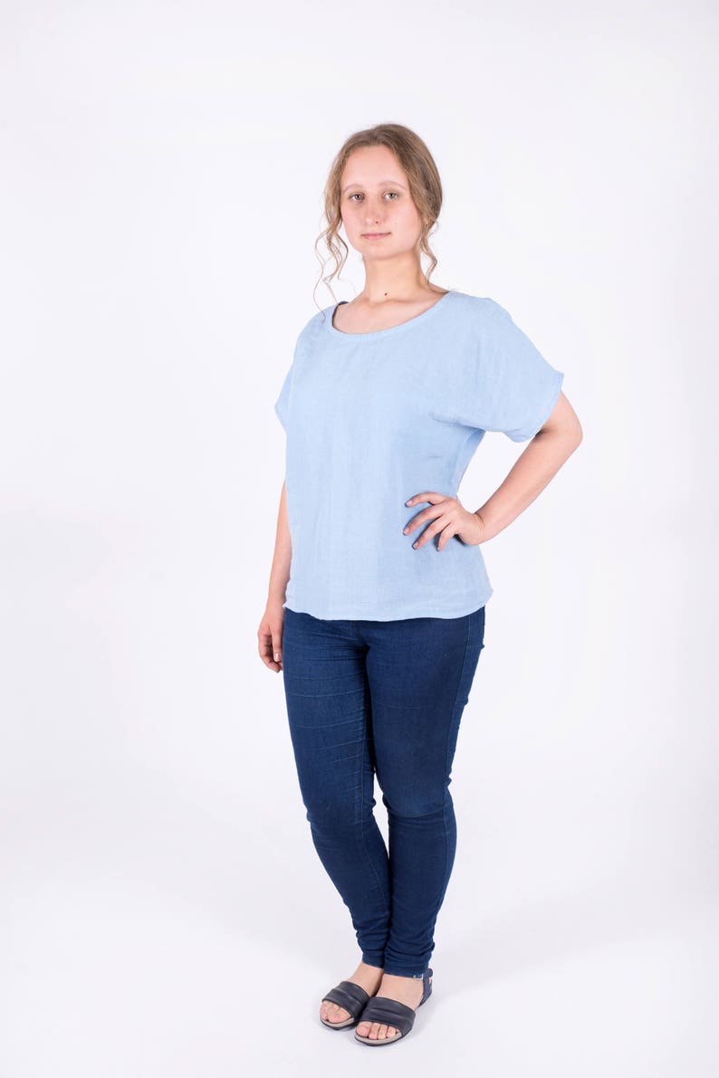 Linen Blouse / Blue Linen Women Shirt / Short Sleeve Top / Linen Clothes For Woman image 3
