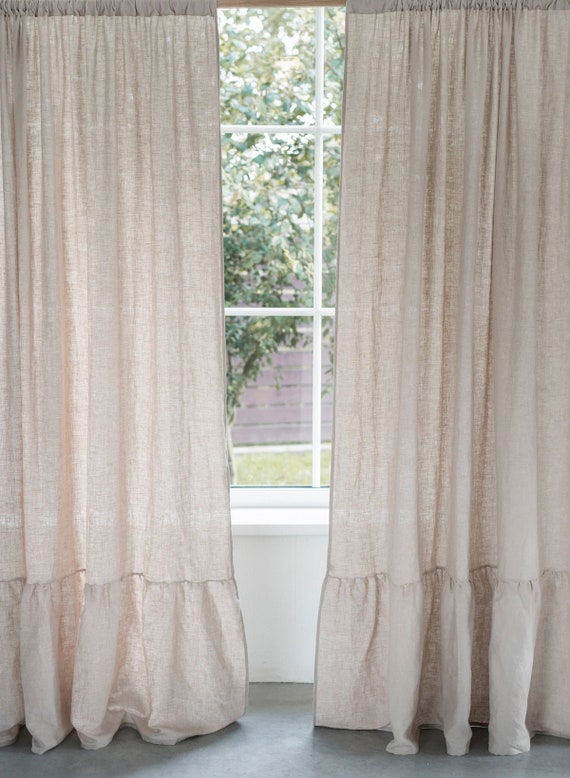 Linen Curtains With Ruffles / Rod pocket linen curtain panel ruffles / Rustic blinds / Washed linen ruffled curtain drapes / Home refresh