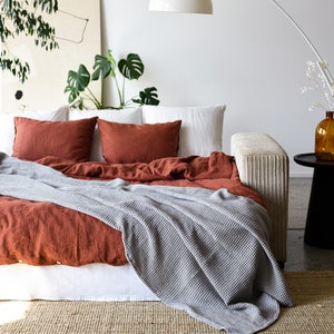 Waffle linen blanket in light grey / Organic linen - cotton bed throw / Warm and cozy throw blanket / Bedspread / Coverlet / SEASONAL SALE
