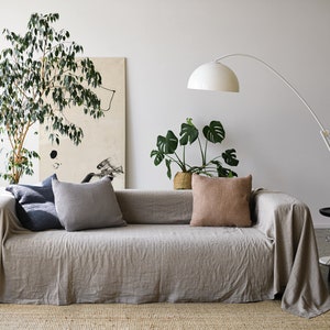 May include: A light gray linen sofa with a throw blanket, three pillows, and two houseplants. The sofa is in a living room with a white wall and a floor lamp.