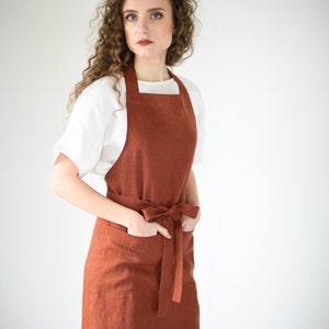 Apron for women and men THYME / Long apron with ties / Natural linen apron for cooking /Natural linen full apron with pockets / Custom color