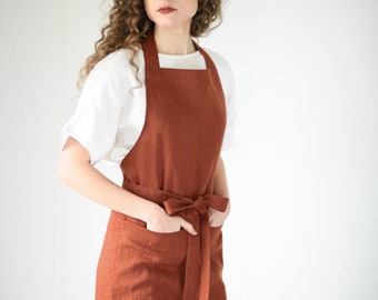 Apron for women and men THYME / Long apron with ties / Natural linen apron for cooking /Natural linen full apron with pockets / Custom color