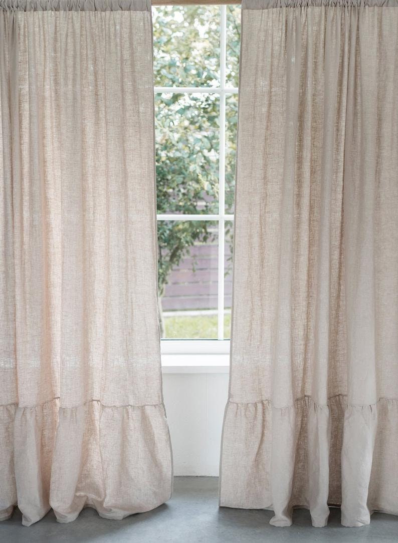 Sample sale / Ruffled Beige Linen Curtain With Rod Pocket / One Curtain 94x55 / Farmhouse Curtain / Curtain For Living Room / Rod Pocket image 3