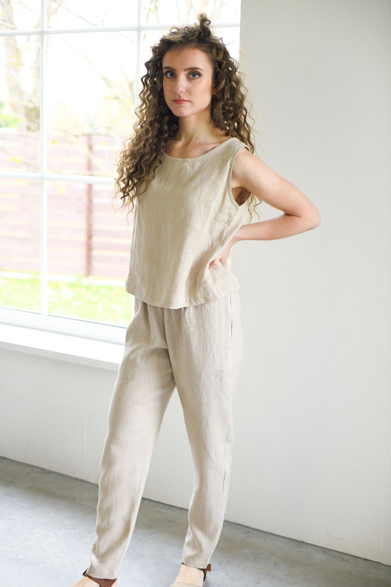 Sample sale / Linen pants RONDA / With elastic waistband / Slightly tapered linen pants / Beige color / Model is wearing S size image 2