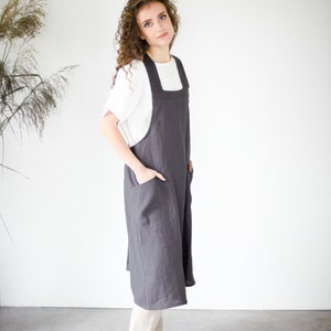 Cooking, gardening linen apron unisex BASIL / Japanese style apron / Washed linen apron / Linen cross back apron with pockets / 21 colors image 3