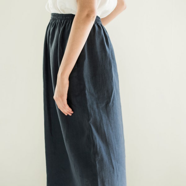 Washed and softened linen skirt LEVUO / Midi Skirt/ OEKO-TEX® linen/ Skirt with side pockets/ Women's clothing /Skirt with elastic waistband