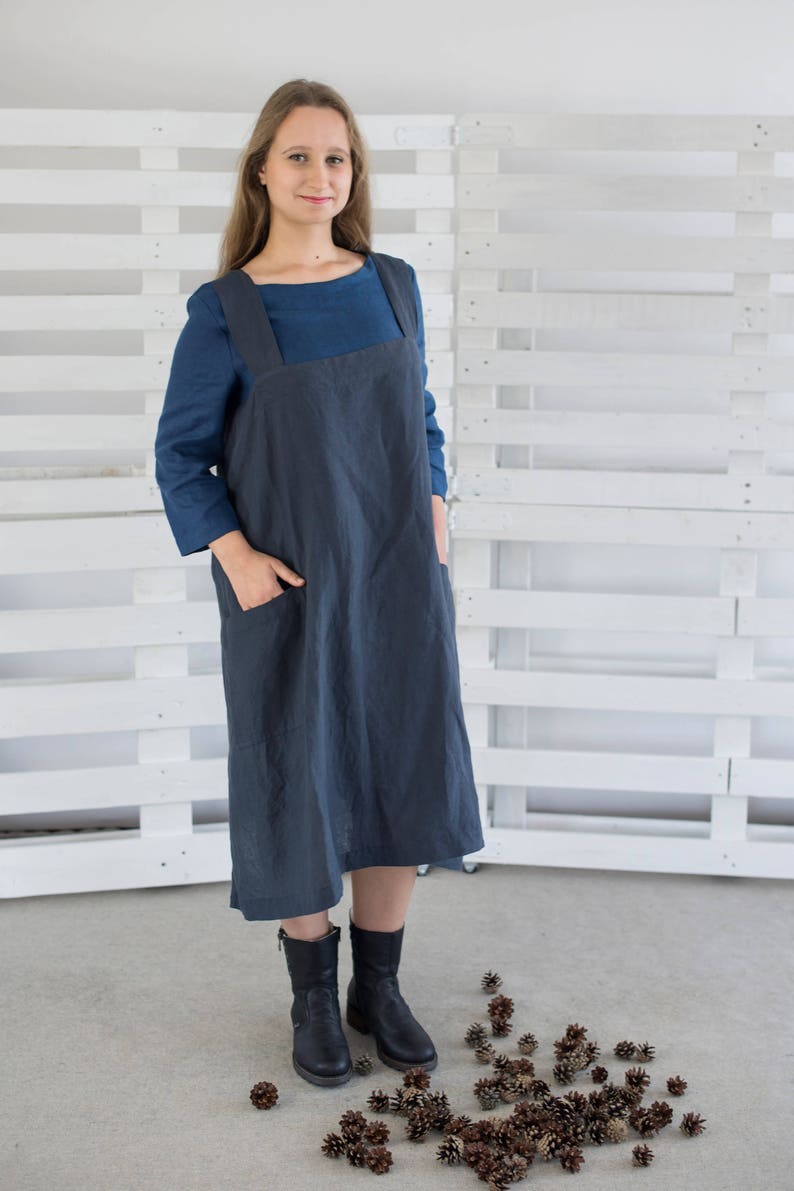 Japanese style apron Washed linen apron No ties apron Craft room apron Natural linen Christmas gift Charcoal grey color