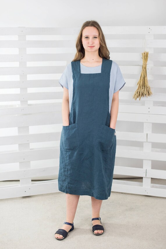 Cross Back Japanese Apron With Pockets MUSCAT/ Washed Linen