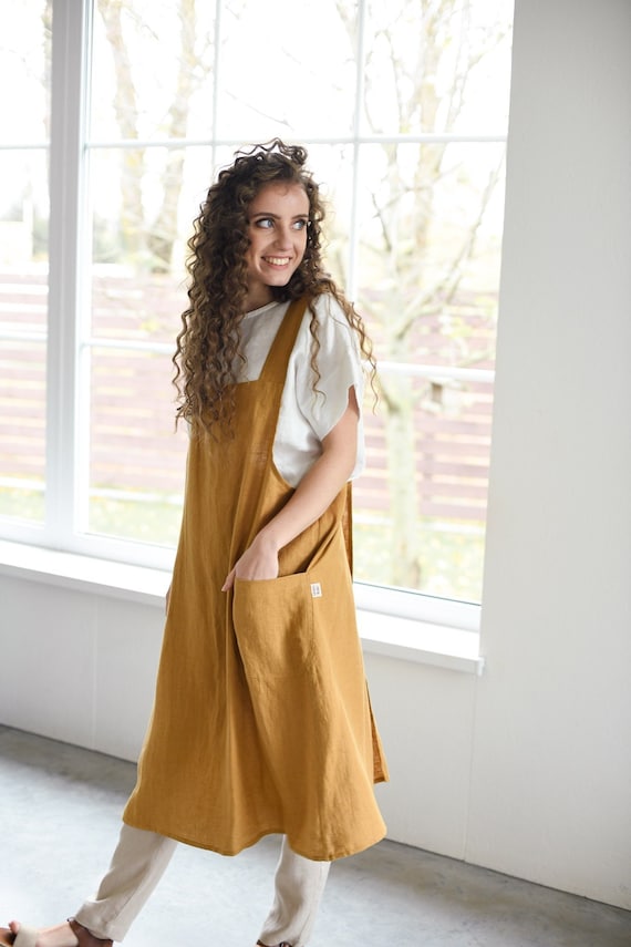 Japanese Style Linen Apron With Pockets / Cross Back Apron - Etsy