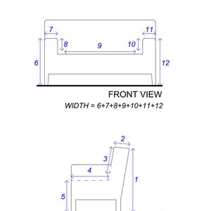 May include: A line drawing of a chair with measurements in inches for the width and length. The front view shows the overall width of the chair, while the side view shows the length of the chair.
