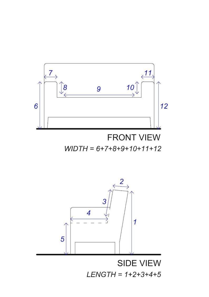 May include: A line drawing of a chair with measurements in inches for the width and length. The front view shows the overall width of the chair, while the side view shows the length of the chair.
