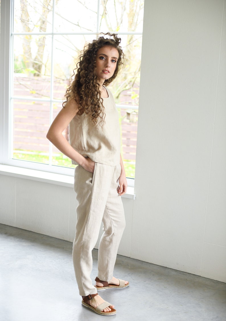 Sample sale / Linen pants RONDA / With elastic waistband / Slightly tapered linen pants / Beige color / Model is wearing S size image 4