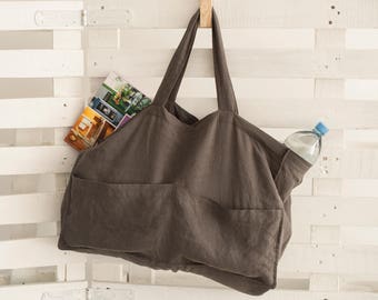 Customizable Linen Bag / Washed linen shopping bag / Large linen tote bag / Handbags / Market bag / Linen bag with pockets / Beach bag