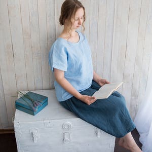 Linen Blouse / Blue Linen Women Shirt / Short Sleeve Top / Linen Clothes For Woman image 6