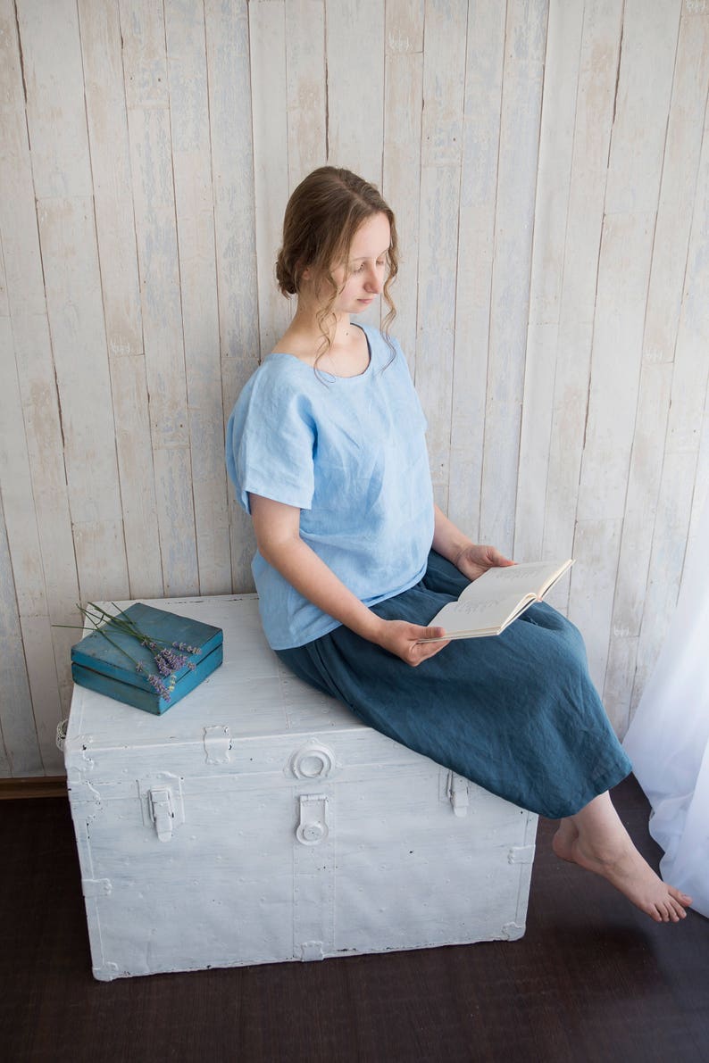 Linen Blouse / Blue Linen Women Shirt / Short Sleeve Top / Linen Clothes For Woman image 6