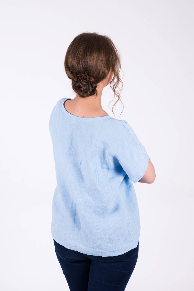 Linen Blouse / Blue Linen Women Shirt / Short Sleeve Top / Linen Clothes For Woman image 2