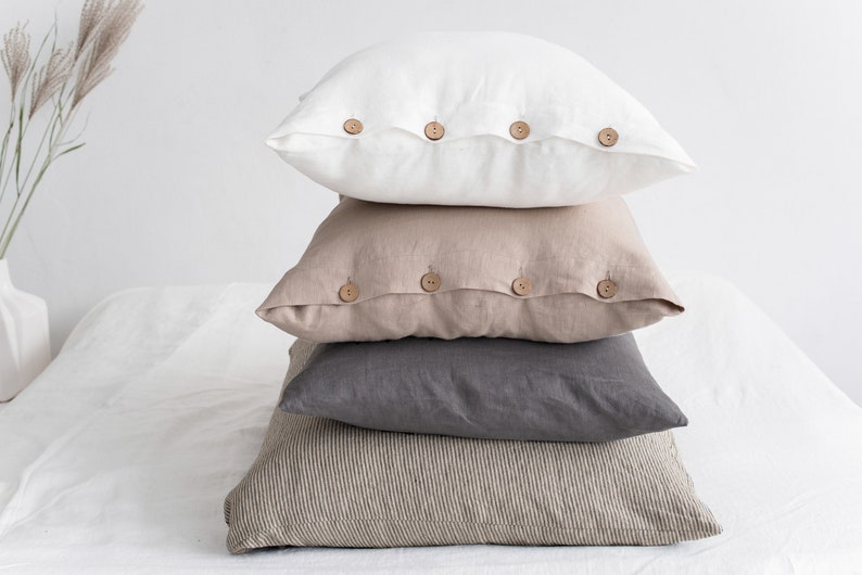 Washed linen pillow cases / Decorative cushion cover / Linen bedding / Linen pillow case with coconut buttons / Linen pillow cases image 3