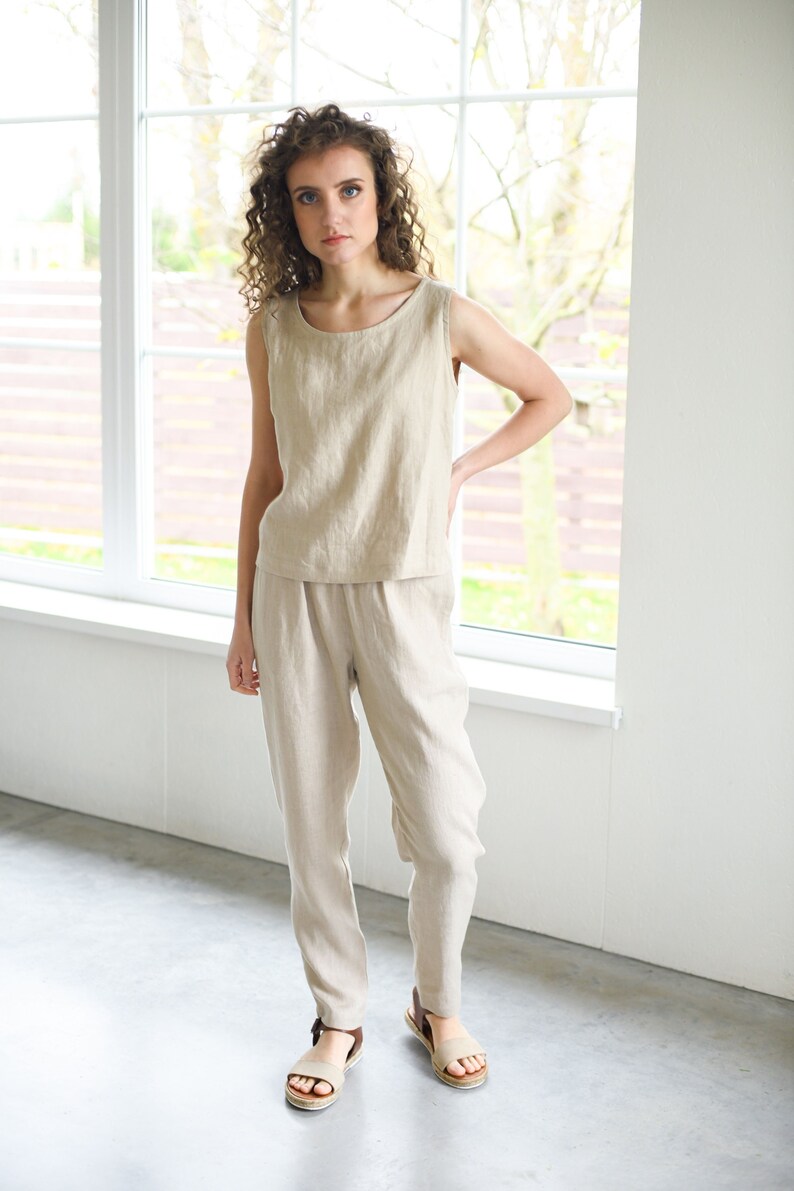 Sample sale / Linen pants RONDA / With elastic waistband / Slightly tapered linen pants / Beige color / Model is wearing S size image 3