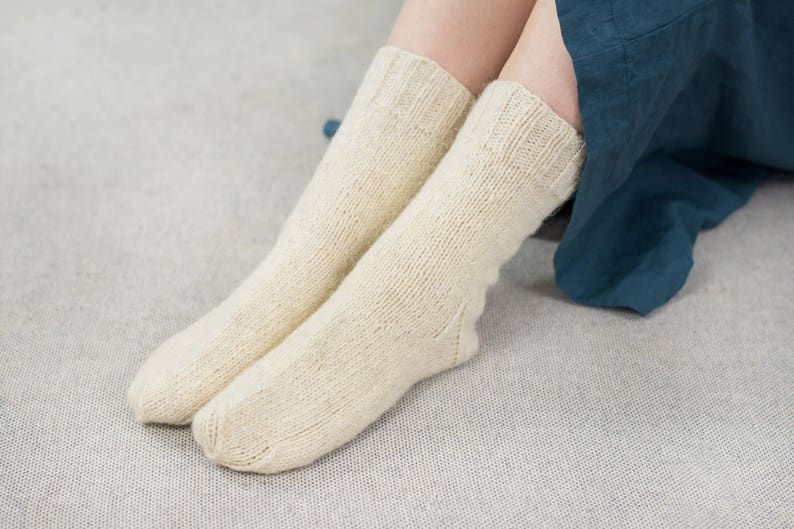 Hand knitted wool socks / Natural sheep wool socks / From 100% sheep wool yarn / The color of socks is off white ivory / Child socks image 1