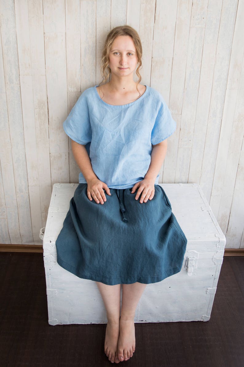 Linen Blouse / Blue Linen Women Shirt / Short Sleeve Top / Linen Clothes For Woman image 5