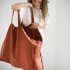 Large linen bag / Linen shopping bag / Roomy linen shopping bag in various colors / Tote bag / Market bag / Bag with pocket inside zdjęcie 6