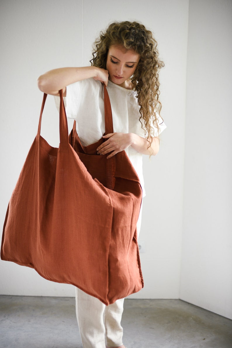 Large linen bag / Linen shopping bag / Roomy linen shopping bag in various colors / Tote bag / Market bag / Bag with pocket inside image 6