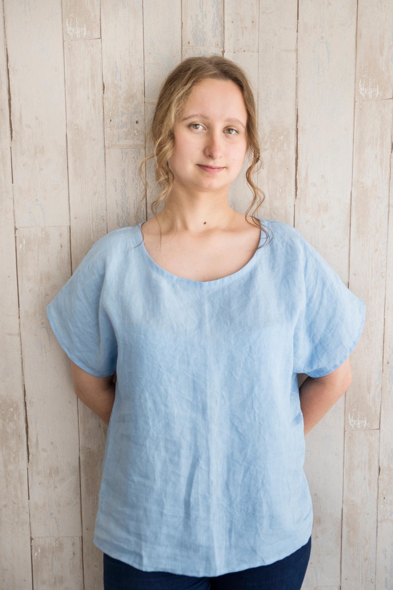 Linen Blouse / Blue Linen Women Shirt / Short Sleeve Top / Linen Clothes For Woman image 1