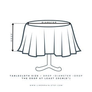 Pu&ograve; includere: Diagramma che mostra come misurare una tovaglia per un tavolo rotondo. La tovaglia dovrebbe avere un'altezza di almeno 20 cm (8 pollici) intorno al tavolo. La formula per calcolare la dimensione della tovaglia &egrave;: Altezza + Diametro + Altezza.