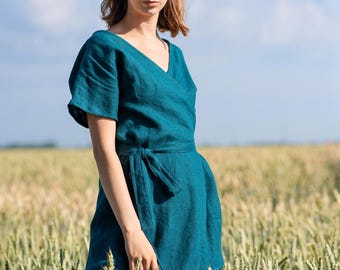 Wrap linen dress & linen sundress AREZZO  / Boho natural linen dress / Modest short sleeve dress / Summer linen dress for women