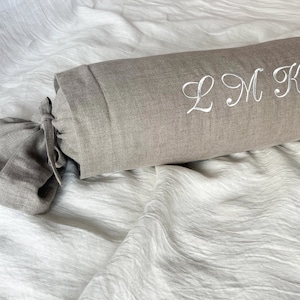 Linen bolster pillow cover with custom embroidery / Oeko-Tex certified linen / Soft natural washed linen / Various colors available