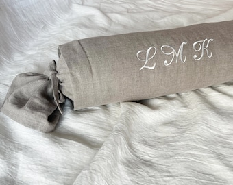 Linen bolster pillow cover with custom embroidery / Oeko-Tex certified linen / Soft natural washed linen / Various colors available