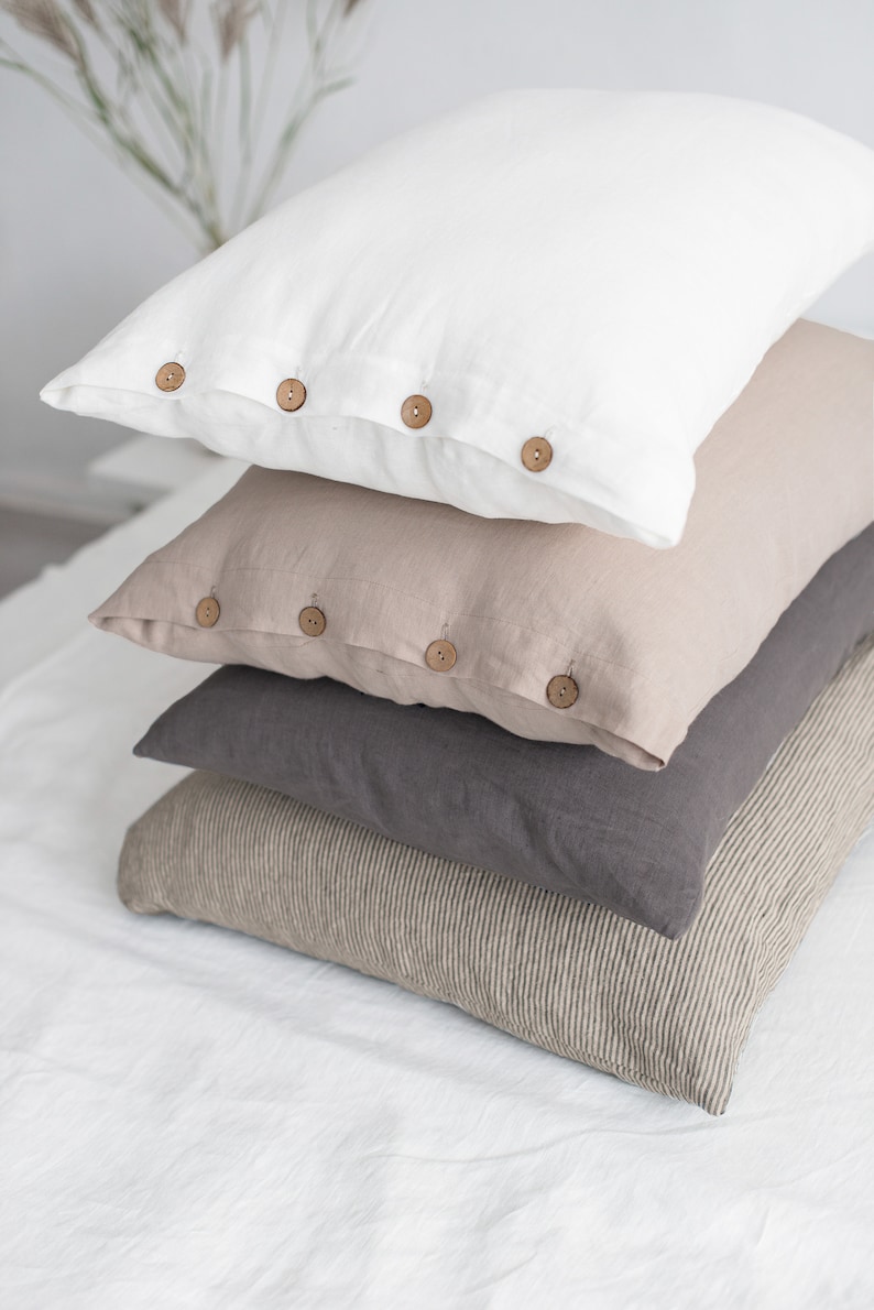 Washed linen pillow cases / Decorative cushion cover / Linen bedding / Linen pillow case with coconut buttons / Linen pillow cases image 1