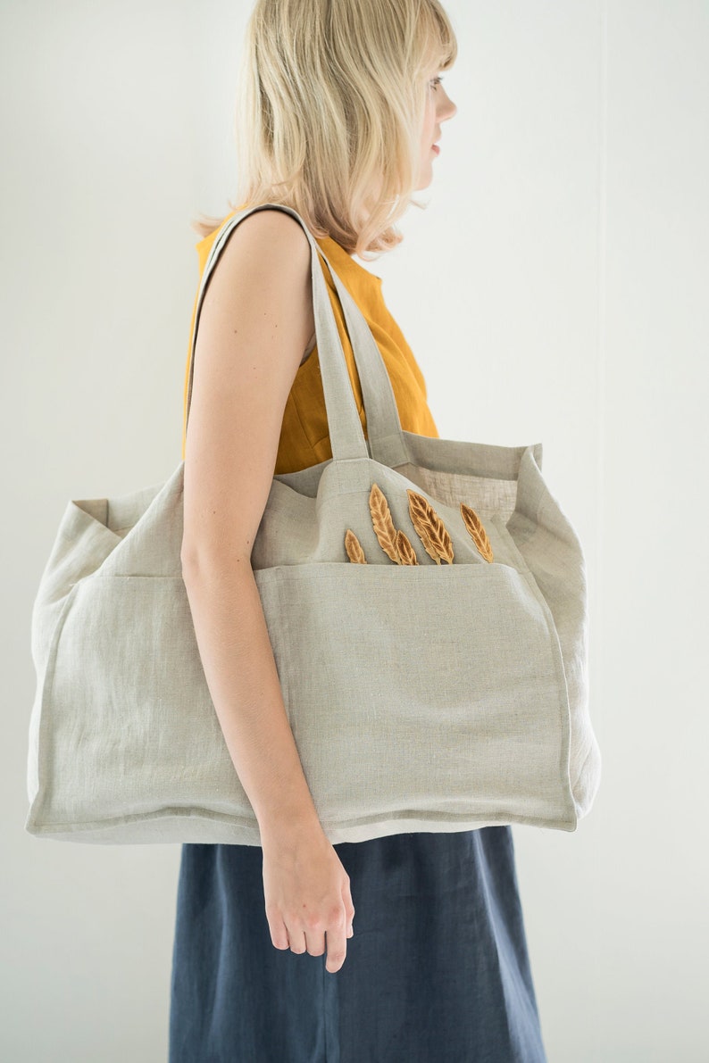 Pure linen bag with pockets / Washed linen shopping bag / Large linen tote bag / Market bag / Beach bag / Linen bag in various colors image 3