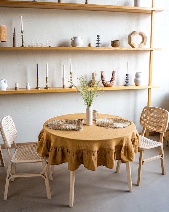 Round table cloth / Custom wedding tablecloth / Natural linen rustic tablecloth with ruffle / Large long wide tablecloth / Housewarming gift