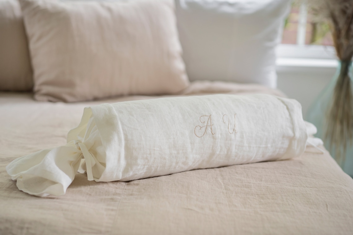 Embroidered Linen Bolster Pillow Cover / Pure linen candy Etsy