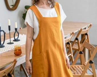 Linen apron unisex BASIL / Japanese style apron / Linen cross back apron with pockets
