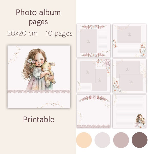 Digital paper pack, Record Memories album template, Printable photo album, Girl with bunny, Pastel neutral colors, Digital Junk Journal pack
