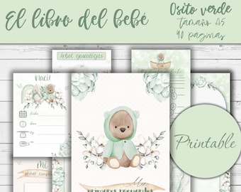 Digitales Babybuch, Grüner Bär, Candy mint, Pastellfarben, Mädchen erstes Jahr, Baby Notizbuch, Druckbares Baby jungen Album, Neutral, Sofortiger Download