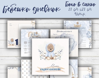Op de afbeelding: Een baby's eerste jaar herinneringsboek met een blauw-wit kleurenschema. De omslag toont een schattige cartoonbeer die een blauwe hoodie draagt en omringd is door witte bloemen. Het boek bevat pagina's om mijlpalen te registreren zoals de eerste glimlach, de eerste tanden en de eerste stappen. Het boek is 20 cm bij 20 cm.