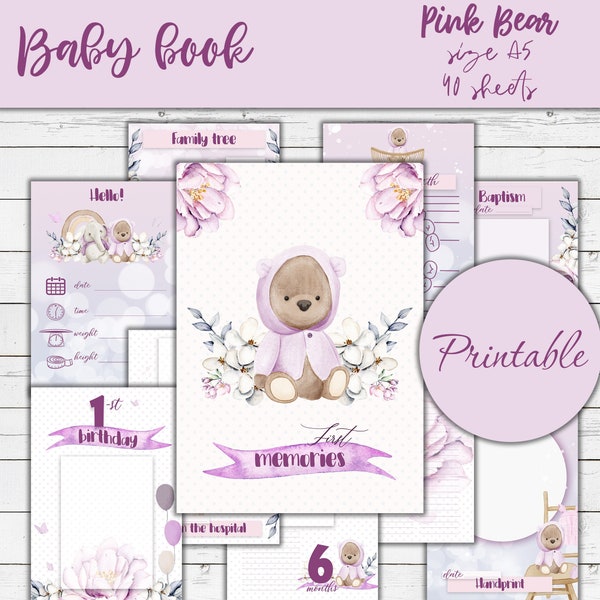 Boho bear baby book, Milestone Keepsake, Pink, Purple, Printable, Instant download