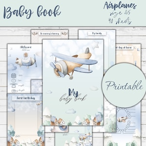 Livre bébé d’avions imprimables pour garçons, Journal pour nouveau-né, Première année, Milestone, Bleu et vert, Téléchargement instantané