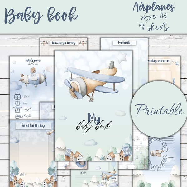 Printable airplanes baby book for boys, Diary for newborn, First year, Milestone, Blue and green, Instant download