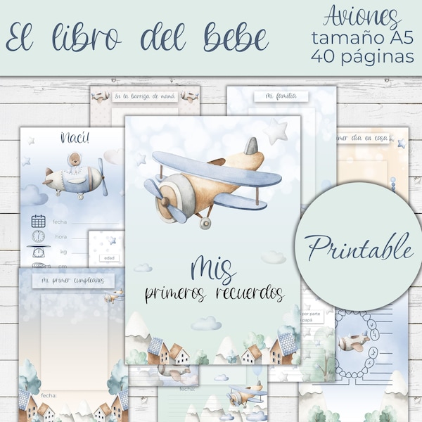 Spanish digital baby book, Green mint airplane bear, Little pilot, Pastel colors, Pastel Blue, Yellow, Boy first year, Printable photo album
