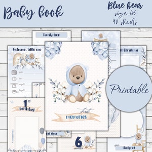 Imprimible Milestone Boho Bear Baby Book, Keepsake Boy Memory Keeper, Oso de peluche azul, Keepsake Junk Journal, Descarga instantánea, Kit de efímeras