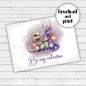 Cartão de felicitações para impressão para São Valentim, Casal de Dragões, Dragão do Amor, Roxo e verde, Dia dos Namorados, Cartão dobrado, Download instantâneo