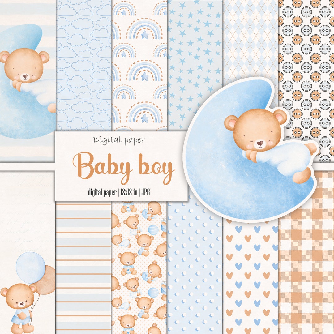 Baby Teddy Bear Blue Digital Paper Pack, Watercolor Rainbow Pattern ...