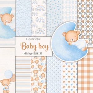 Baby Teddybeer Blauw Digitaal Papierpakket, Aquarel Regenboogpatroon, Maan Scrapbooking Basisalbum, Jongen Afdrukbaar Junk Journal, Ephemera Kit